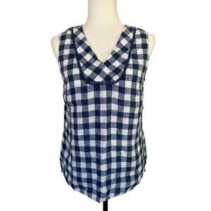 TALBOTS Sleeveless Top Size XS Navy Blue White Check V-Neck 100% Linen
